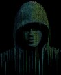 © merioum - Hooded hacker figure formed from glowing binary code representing cybersecurity threats and anonymous digital identity