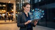 © Isabella - Professional woman using tablet outdoors at night with AI insights hologram displaying neural network prediction accuracy and data analytics