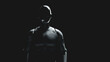 © Photocreo Bednarek - Dark silhouette of humanoid AI robot assistant on black background.