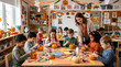 © Fiverr/fazilazia703 - Happy diverse elementary students crafting spooky pumpkins with their friendly teacher in a vibrant decorated classroom celebrating autumn Halloween festivities joyful childhood education