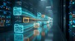© Design Store - Digital icons of files and folders with circuit board patterns propelled by glowing light streams through modern server racks in a futuristic data center.