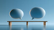 © SK - Two light blue speech bubbles floating above a wooden bench on a reflective surface. The background is a soft, gradient blue, creating a serene and minimalist aesthetic AI generative