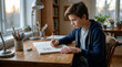 © Matos - Young boy drawing a fox in a sketchbook at a wooden desk