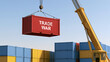 © A2Z AI  - Crane lift red container box with text 'TRADE WAR' above colorful stacked shipping containers at cargo port, symbolize global economic tension