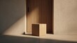 © Nart - A plain cardboard shipping box sits on a doorstep in warm evening light. Cinematic lifestyle realism highlights the box's detailed corrugated texture and anticipation mood.