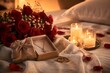 © Sekai - Romantic Bedside Scene with Roses, Necklace, Candles, and Wedding Rings for Anniversary Celebration at Home
