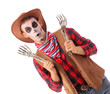 © Pixel-Shot - Young shocked man dressed as cowboy for Halloween with skeleton hands isolated on white background