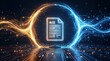 © CuteBee - Artificial intelligence document icon glowing with complex binary code and circuit board elements on dark background representing automated data processing and analysis