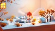 © antishock - Minimalist landscape. Soft lighting highlights stylized trees, rocks, water feature. Warm glow emanates from window, creating peaceful scene.