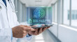 © Mk Design store - Doctor holding tablet with secure patient health records and glowing digital brain hologram, Healthcare cybersecurity and private medical data concept with virtual neurology interface on smart pad.