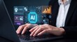 © Studio KN - ai productivity and business automation concept: a professional typing on a laptop with a futuristic assistant interface, chatbot tools, analytics, and digital workflow icons