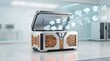 © KING - Secure futuristic chest releasing a vibrant stream of digital data, cloud, and cybersecurity icons within a modern, high-tech server room.