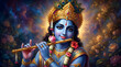 © Graphic Ornaments - Lord krishna playing the flute with peacock feather crown and lotus flowers in a divine garden