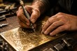 © AlfaSmart - Man engraver working on gold metal plate. Artisan using precision tool to create floral pattern. Skilled craft of metalwork and ornamental design. Handcrafted luxury accessory creation.