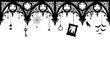 © shaun - Halloween border Gothic architectural border with hanging Halloween silhouettes. Spooky Victorian filigree frame. Dark mystery vector header with bats and spiders. isolated on White Background