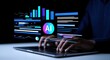 © Danil - Data visualization with glowing AI orb and digital graphs over laptop