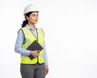 © Someone Cooked Here - young Indian female industrial professional wearing safety equipment and holding a tablet while looking into the distance representing leadership management strategy and future planning
