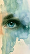 © tanaes - Close up detailed blue human eye with expressive gaze emerging from soft green and blue watercolor wash painting.