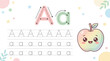 © Safia - Educational alphabet tracing worksheet for letter A, handwriting practice page with cute kawaii apple, preschool learning activity