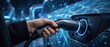 © rahul - Close-up of a hand plugging an electric car charging cable into a futuristic charging station with glowing blue energy lines.