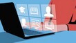 © Mst Rozina Pervin - Online learning interface displayed on a laptop screen, with educational icons and user profiles. The user's hands are visible typing on the keyboard