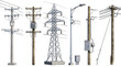 © Nathan - A collection of various electricity poles, utility structures, and a high-voltage transmission tower, showcasing different designs and materials for power distribution.