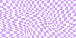 © Moh - Distorted chessboard background in 2yk style. Visual chequered illusion. Dizzy psychedelic pattern with warped purple and white squares. Trippy checkerboard surface. Vector flat illustration