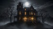 © Rasyid - A spooky Victorian mansion standing on a hill under a full moon at night.
