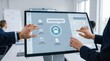 © Lucas - AI assistant initialized on interactive touchscreen, business team using smart dashboard for scheduling meetings, data analytics, task delegation and report generation in modern