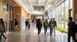 © Fiverr/fazilazia703 - Diverse group of high school students walking through a bright modern hallway during break time with natural sunlight streaming through large windows at a contemporary educational facility