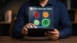 © Majed - Customer satisfaction feedback kiosk concept with tablet, four emotion rating buttons, retail visit survey and glowing positive experience interface