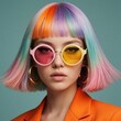 © Vadym - Young woman with colorful bob hair and two-tone sunglasses wears orange blazer. She sports large gold hoop earrings and has bold eyeliner for creative style.
