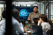 © DC Studio - Startup manager presents the business benefits of artificial intelligence to investors, explaining technology advances and competitive advantages during a company meeting and investment pitch.