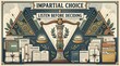 © Noor - Elegant vintage illustration of justice scales balancing light and truth surrounded by law books and evidence documents for impartial legal decision making and judicial systems concepts.