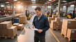 © ChaoticDesignStudio - Warehouse supervisor writing on clipboard while checking inventory. Logistics manager overseeing shipping and receiving operations in large distribution center.