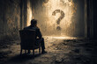 © NongEngEng - AI generated businessman sitting alone before large question mark an abandoned room representing uncertainty decision making confusion doubt challenge reflection problem solving