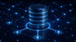 © Home Stock - Glowing digital server stack connected to network grid on a dark background, representing enterprise data management and web hosting infrastructure