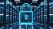 © Muhammad - Futuristic cybersecurity concept with giant glowing neon blue padlock floating in data center server room, cloud data protection, generative AI