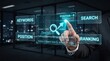 © vector - A business professional using a futuristic holgraphic interface to optimize search engine ranking and digital marketing keyword performance strategies