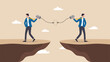 © Ahsan - Communication gap, siloed teams, isolated departments concept, two workers talking through a tin can phone with a cut string, clean minimal flat vector illustration