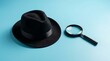 © Spot Decor - Minimalist investigation and research concept featuring a black fedora and magnifying glass.