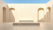 © Chalita - Minimalist architectural scene with arches, steps, and a podium under a clear blue sky