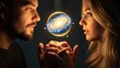 © Thai - A man and a woman with their hands clasped in front of a glowing, colorful galaxy.