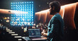 © Gorodenkoff - Professor Presents a Computer Science Lecture From a University Podium as a Glowing Hologram Shows Data Neural Netword Grid. Using Laptop Software Code to Explain AI Programming Talk to Auditorium