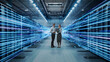 © Gorodenkoff - Two Caucasian It Professionals, a Man and a Blonde Woman, Review Network Data on a Laptop While Standing Between Server Racks Emitting Fast Neon Blue Fiber Optic Light Trails.