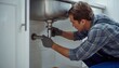 © tewpai - A professional plumbing repairman fixing a leaking water pipe under a kitchen sink