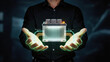© Rachakrit - Battery electric power energy technology hands open device futuristic isolated dark man black shirt digital circuit glowing