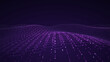 © umar - Abstract blockchain and network technology background with a glowing violet hexagonal grid surface receding into the distance in perspective on dark purple, with copy space for text.