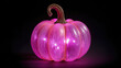 © Pedro - A glowing pink glass pumpkin with a curved stem sits on a dark surface, radiating a vibrant, mystical luminescence perfect for Halloween or festive decor.