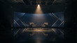 © rajagambar99 - Two modern armchairs face each other in a dimly lit, minimalist studio setting.